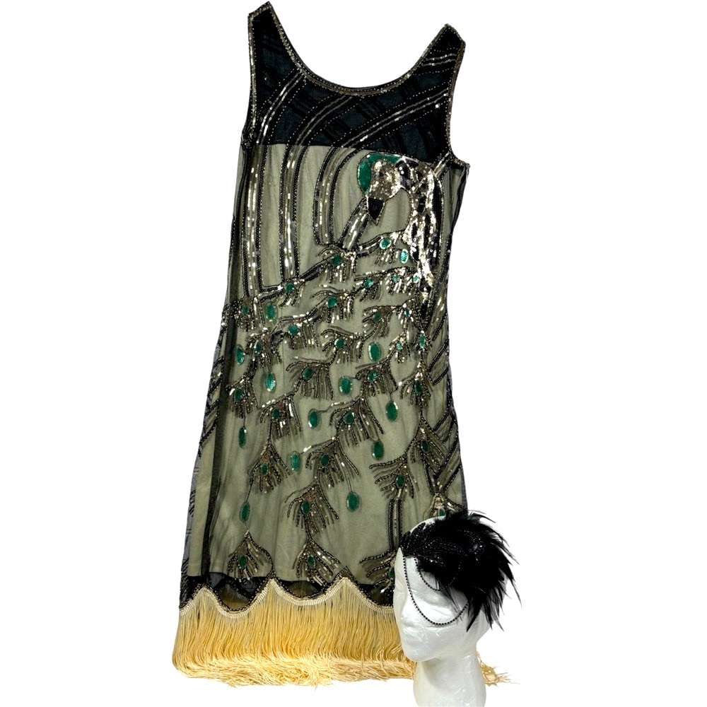 Vintage-Inspired Black, Silver & Cream Beaded Peacock Flapper Dress